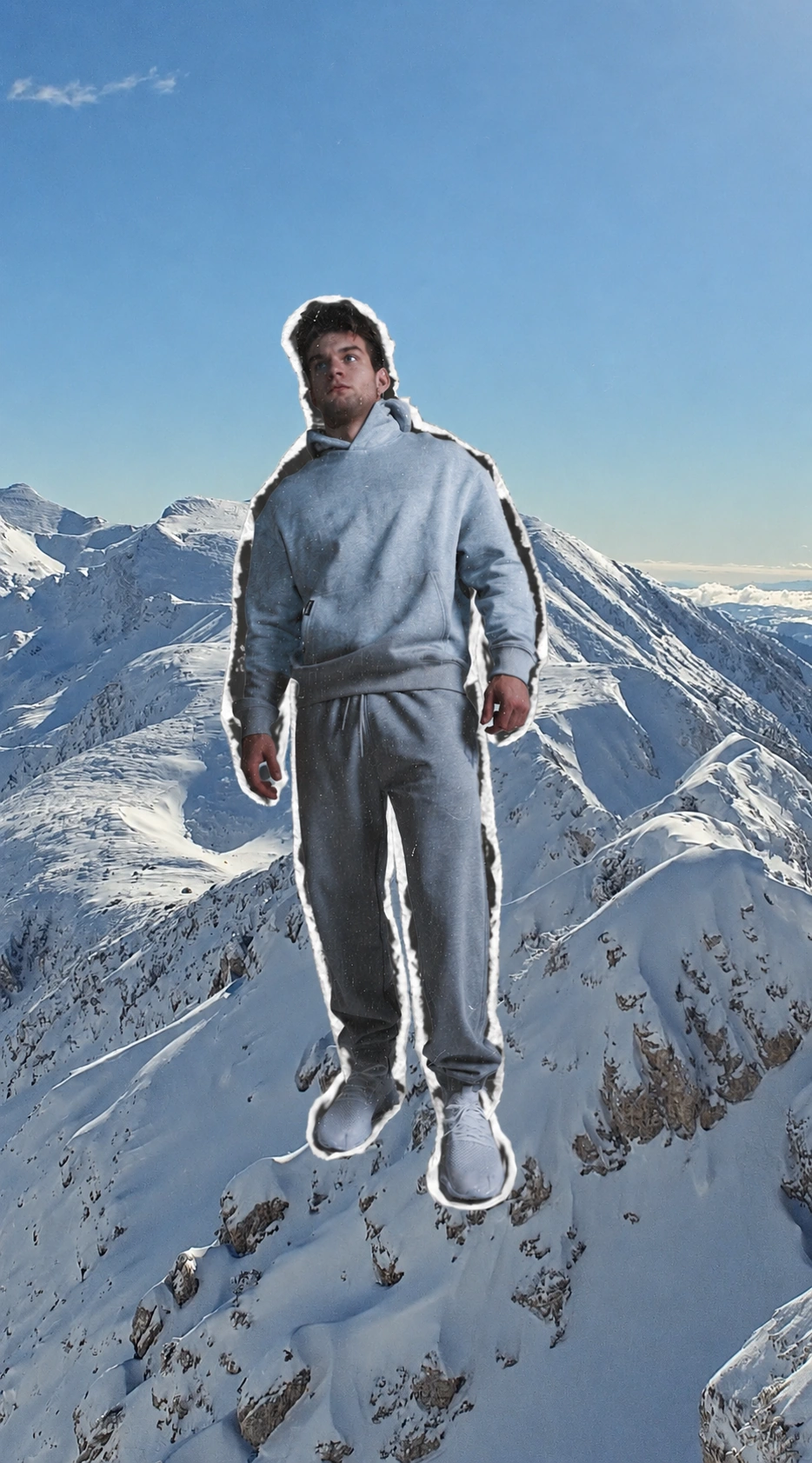 Surreal social campaign image with a figure over mountains